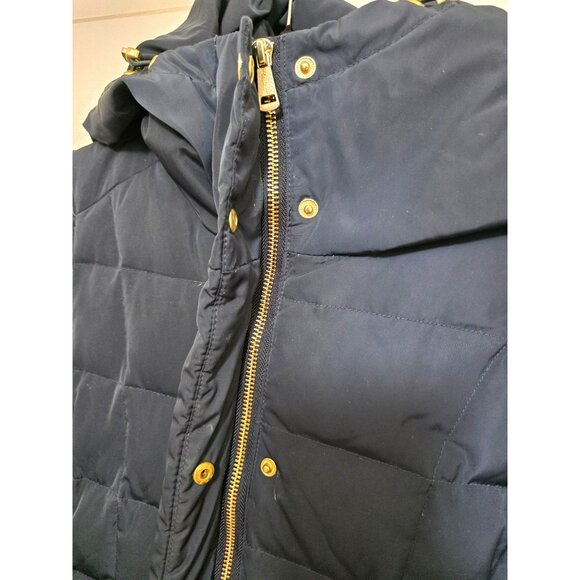 Cole Haan Women's PXS Navy Quilted Long Puffer Coat Detachable Hood Gold Elastic - Picture 4 of 8
